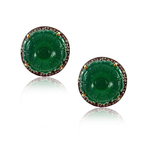 Natural Green Onyx Carving Diamond 925 Silver Designer Stud Earrings Jewelry