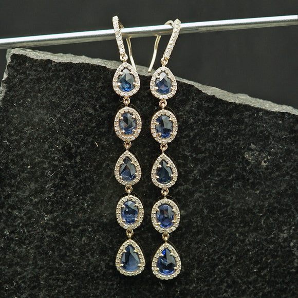 Natural White Diamond Blue Sapphire Dangle Earrings 14k Yellow Gold Fine Jewelry