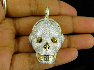 Mens Skull Headphone Pendant Diamond Pave Set 925 Silver 14k Yellow Gold Over