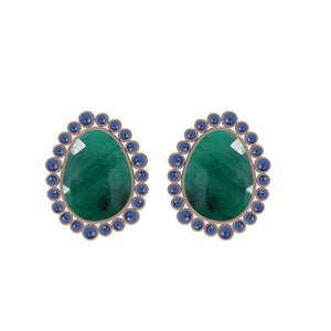 Fine 14k Rose Gold Natural Emerald Blue Sapphire Women's Stud Earrings Jewelry