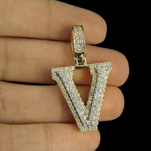 "V" Initial Custom 3D Letter 2 CT Diamond Charm Pendant In 10K Yellow Gold Over