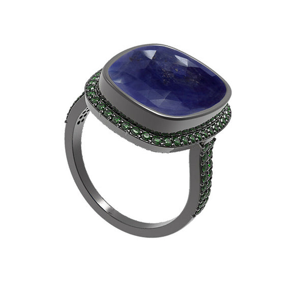 9.64cts Natural Sapphire Chrome Diopside 925 Solid Silver Ring Jewelry Size 7.5