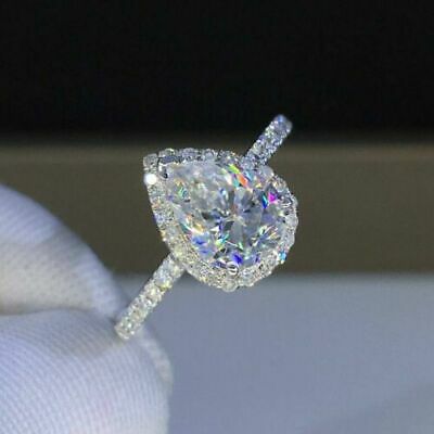 14K White Gold Finish 2.00 CT Pear Cut Double Halo Diamond Engagement Ring