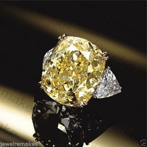 Big Yellow Cushion Cut Diamond Engagement Ring Three Stone Design Wedding 14k