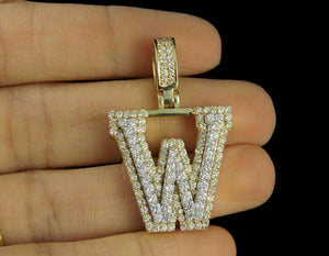 Custom 3D "W" Initial Letter 2 CT Diamond Charm Pendant In 10K Yellow Gold Over