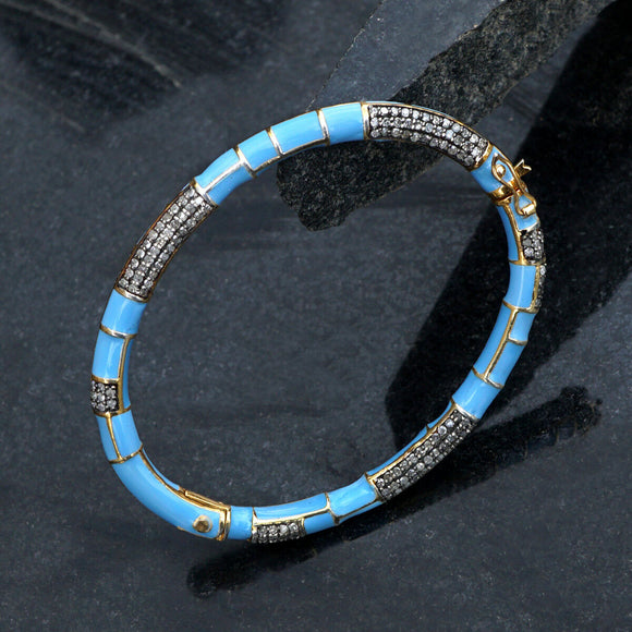 Natural Pave Diamond Enamel Bangle 925 Silver Gold Handmade Jewelry Gift for her