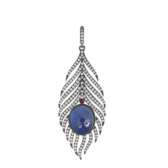 Natural Blue Sapphire Pave Diamond Ruby Feather Pendant 925 Solid Silver Jewelry