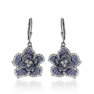 Natural Blue Sapphire Diamond 925 Silver Flower Dangle Earrings Jewelry EAMJ-849