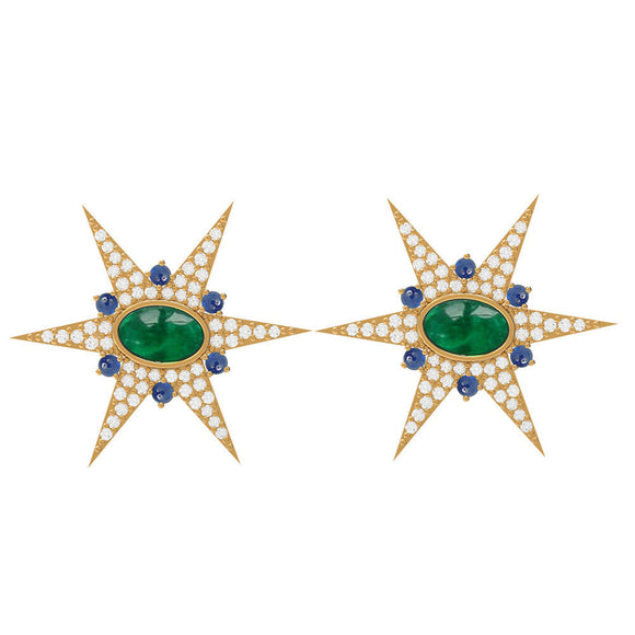 14k Yellow Gold Natural Emerald Diamond Sapphire Designer Stud Earrings Jewelry