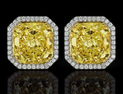 18.00 CT Radiant Cut Canary Yellow Diamond HALO Stud Earrings 925 Silver Jewelry