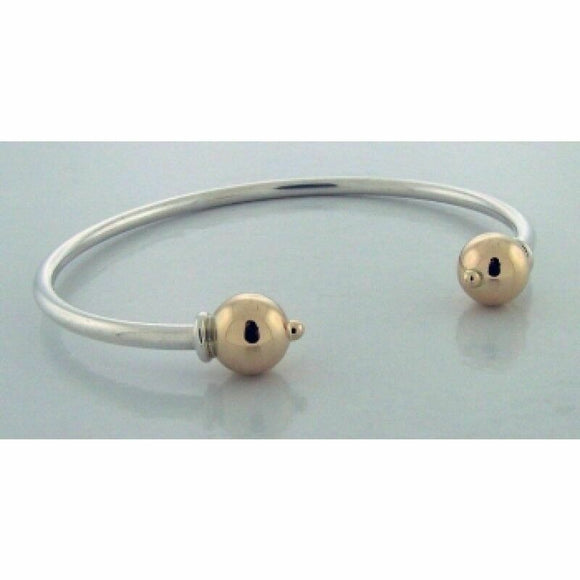 14k Two Tone Gold Over Cape Cod Double Ball Cuff Bangle Bracelet Solid 925Silver