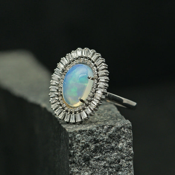 Natural Baguette Diamond Opal Cocktail Ring 925 Silver Gemstone Wedding Jewelry