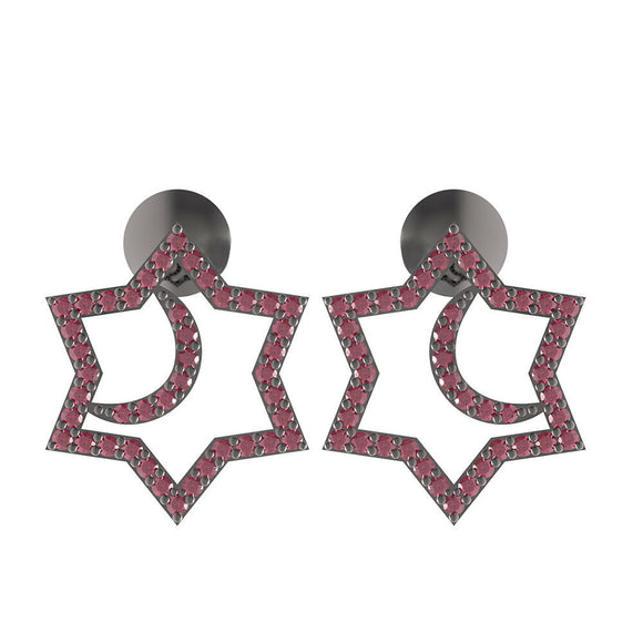 925 Sterling Silver Pave Natural Pink Ruby Star Half Moon Stud Earrings Jewelry