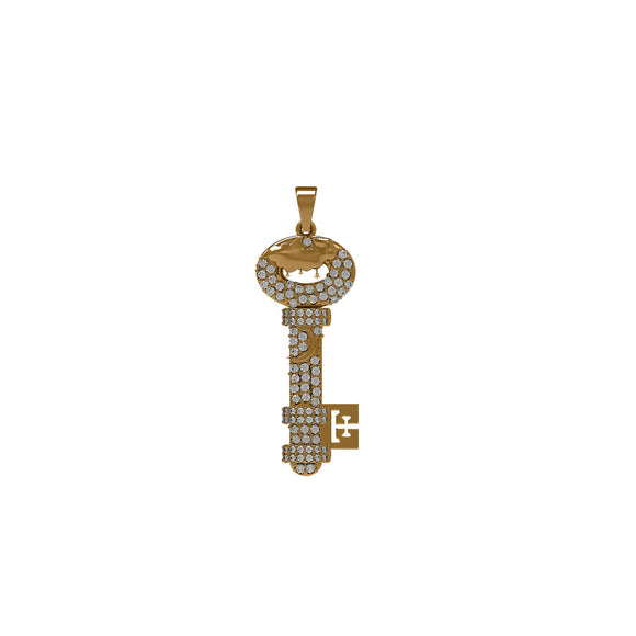 14k Yellow Gold Pave Natural White Diamond Key Design Handmade Pendant Jewelry