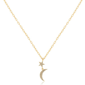 925 Silver Gold Plated Star Half Moon Pave Diamond 16" Chain Pendant Jewelry