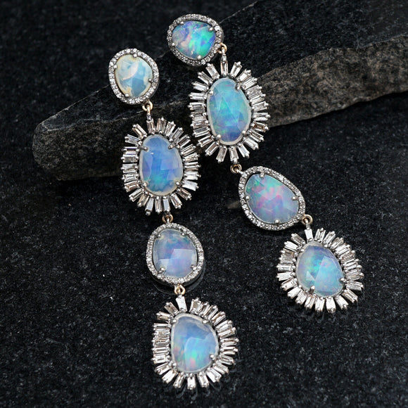 925 Silver Gold Beautiful Opal Baguette Diamond Pave Earrings Jewelry EAMJ-1139