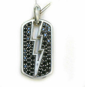 Mens NEW Solid Silver Black Diamond Lightning Bolt Dog Tag "DY925" Pendant 1.25"