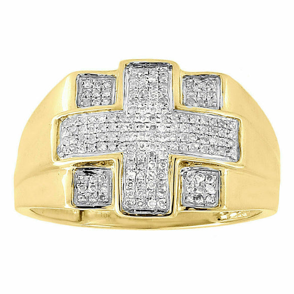 10K Yellow Gold Over Diamond Cross Pinky Ring Mens Round Fashion Band 0.29 Ct