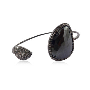 30.1ct Black Spinel Gemstone Pave Diamond Solid 925 Silver Cuff Bangle Jewelry