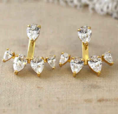 1.50 CT 14k Yellow Gold Over Pear Cur Diamond Earrings Stud Jacket ear cuff