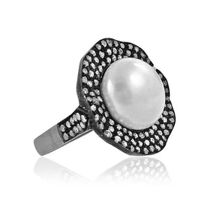 Beautiful White Pearl Pave Diamond 925 Silver Flower Ring Jewelry Size 7 RIMJ-51