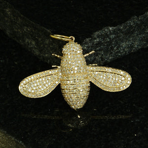 Solid Yellow Gold 14k Natural Diamond Pave Bee Pendant Insect Fine Jewelry Gifts