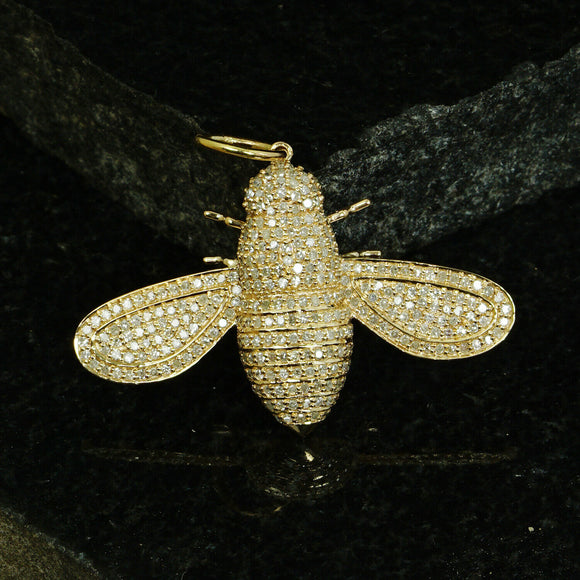 Solid Yellow Gold 14k Natural Diamond Pave Bee Pendant Insect Fine Jewelry Gifts