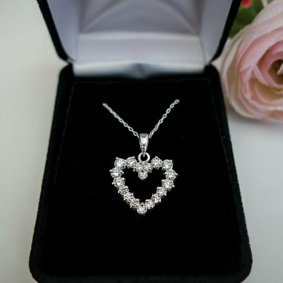 14k White Gold Over 925 Silver Round Diamond Classic Heart Pendant With Chain