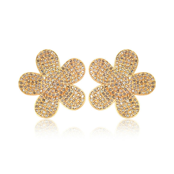 Natural Micro Pave Diamond 14k Yellow Gold Stud Flower Earrings Womens Jewelry