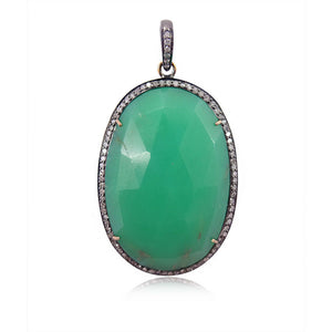 31.25cts Natural Chrysoprase Pave Diamond Pendant 925 Silver Christmas Jewelry