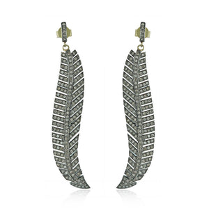 Natural Pave Diamond 925 Silver 14k Gold Feather Earrings Jewelry EAMJOS-831