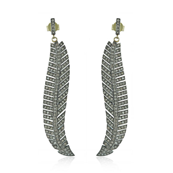 Natural Pave Diamond 925 Silver 14k Gold Feather Earrings Jewelry EAMJOS-831