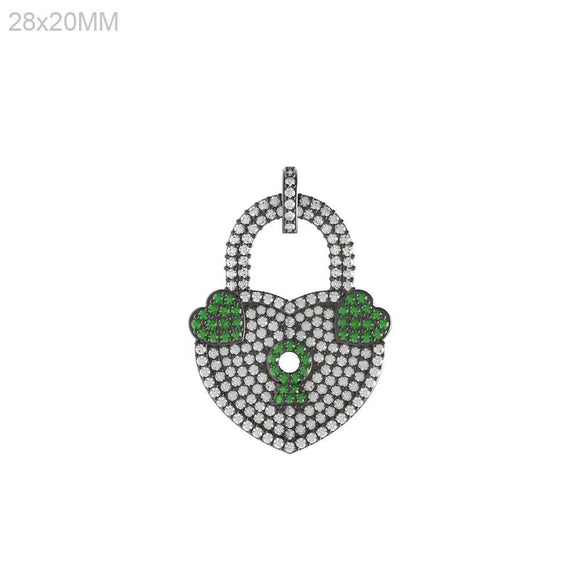 925 Silver Natural Pave Set Diamond Chrome Diopside Lock Pendant Fashion Jewelry