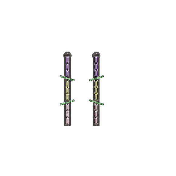 3.02ct Natural Multi Gemstone Baguette 925 Silver Long Bar Stud Earrings Jewelry