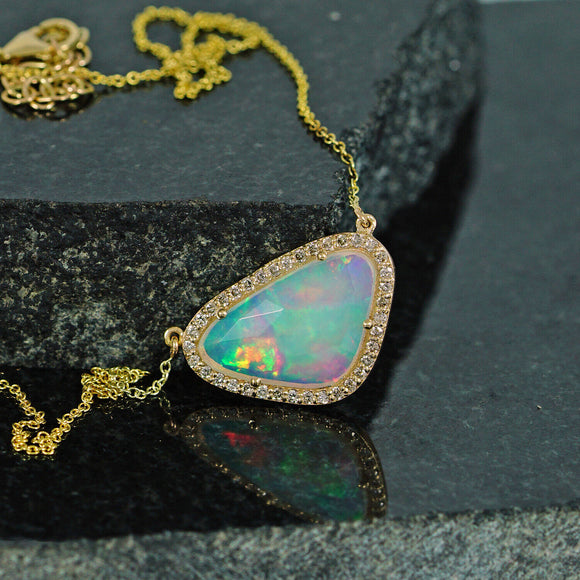 Pave Diamond 2.46 Ct Ethiopian Opal Pendant 14k Yellow Gold Necklace Jewelry
