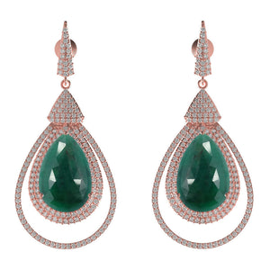 Natural Green Emerald Gemstone White Diamond 14k Rose Gold Drop Earrings Jewelry