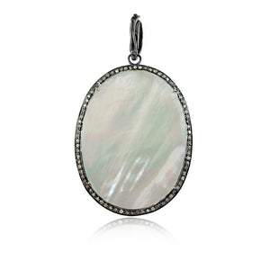 26.5cts Mother Of Pearl Oval Shape Pave Diamond Fine 925 Silver Pendant Jewelry