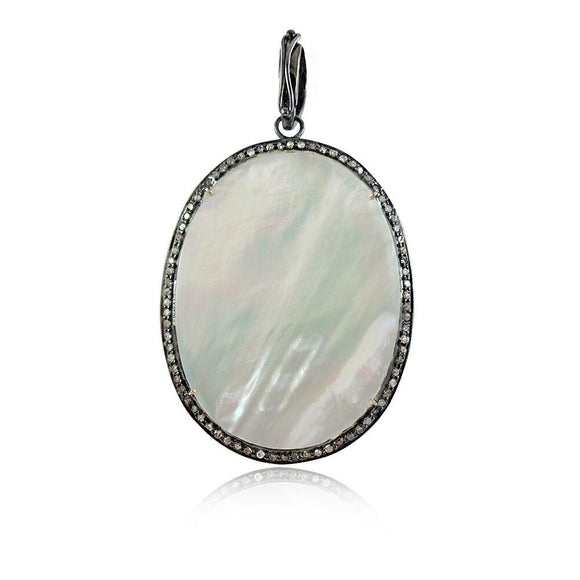 26.5cts Mother Of Pearl Oval Shape Pave Diamond Fine 925 Silver Pendant Jewelry