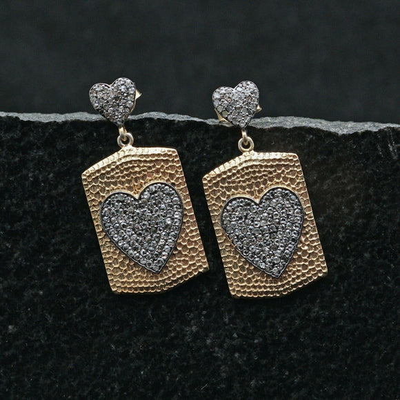 Natural Diamond Pave Heart Dangle Earrings Gold Plating Silver Hammered Jewelry