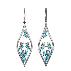 Natural Blue Topaz Baguettes Pave Diamond 925 Silver Dangle Earrings Jewelry