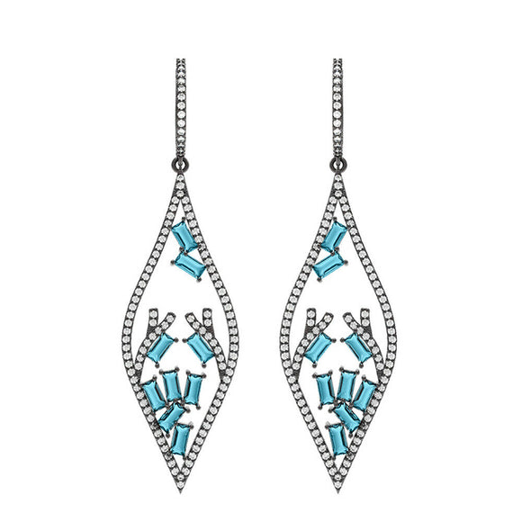 Natural Blue Topaz Baguettes Pave Diamond 925 Silver Dangle Earrings Jewelry