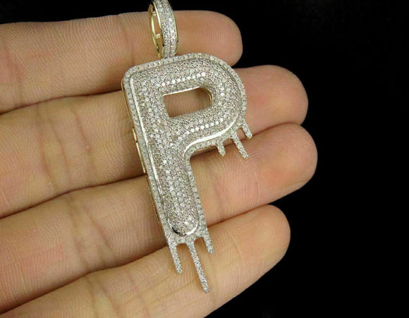 2.00CT Diamond Men’s 10K Yellow Gold Fn Drip Melt P Letter Initial Charm Pendant