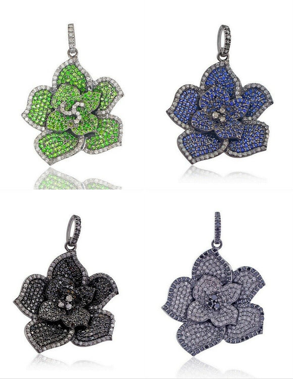 Blue Sapphire Diopside Black Brown Diamond 925 Silver Flower Pendant Jewelry