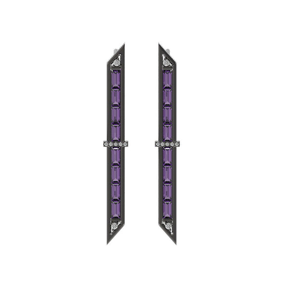 2.46cts Purple Amethyst Baguette Diamond 925 Silver Bar Stud Earrings Jewelry