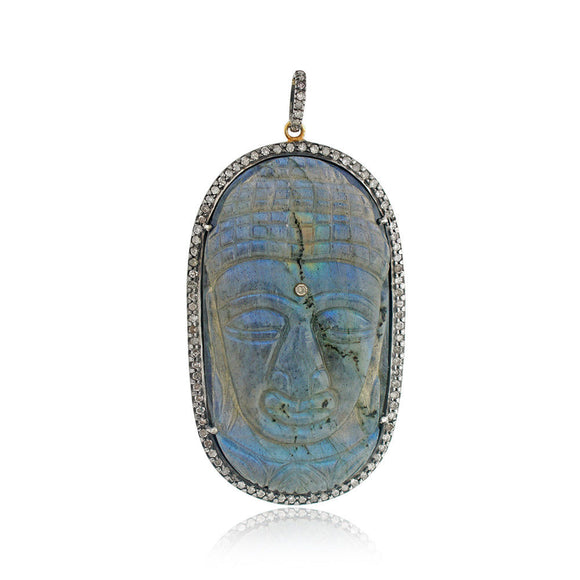 .925 Silver Natural Labradorite Pave Diamond Buddha Pendant Jewelry PEMJ-1026