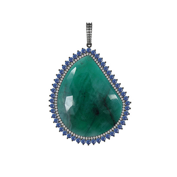 Natural Green Emerald Sapphire Pave Diamond 925 Sterling Silver Pendant Jewelry