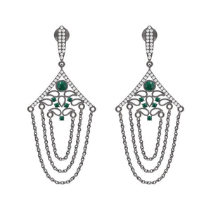 Pave Set White Diamond Emerald 925 Silver Chain Vintage Dangle Earrings Jewelry