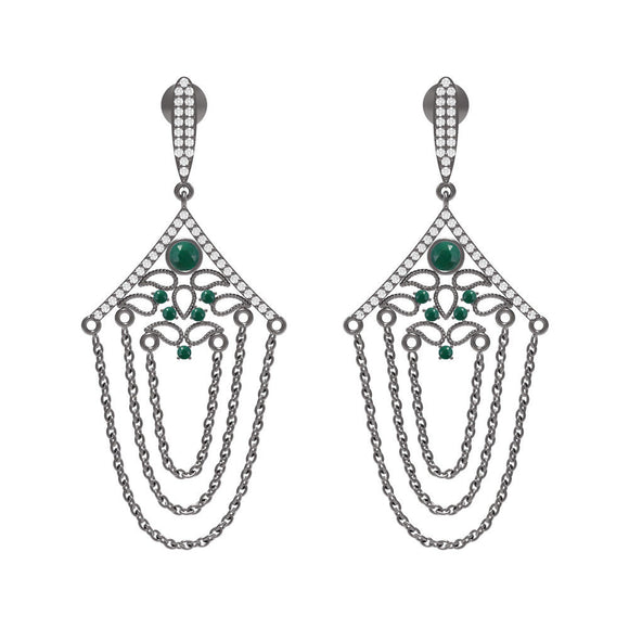 Pave Set White Diamond Emerald 925 Silver Chain Vintage Dangle Earrings Jewelry