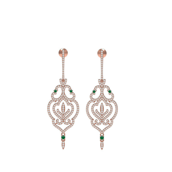 Fine 14k Rose Gold Genuine Pave Diamond Emerald Vintage Dangle Earrings Jewelry