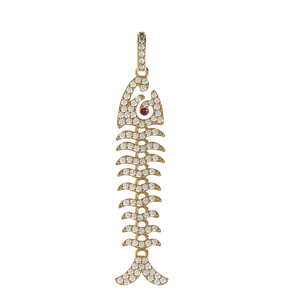 14k Yellow Gold Natural Pave Diamond Ruby Fish Skeleton Charm Pendant Jewelry